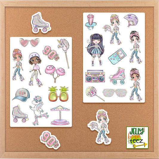 Roller Skate Vinyl Sticker Sheets, Deco Stickers, Planner Sticker, Retro 90s Stickers, Journal Stickers, Fun Unicorn Sticker Set, Black Girl