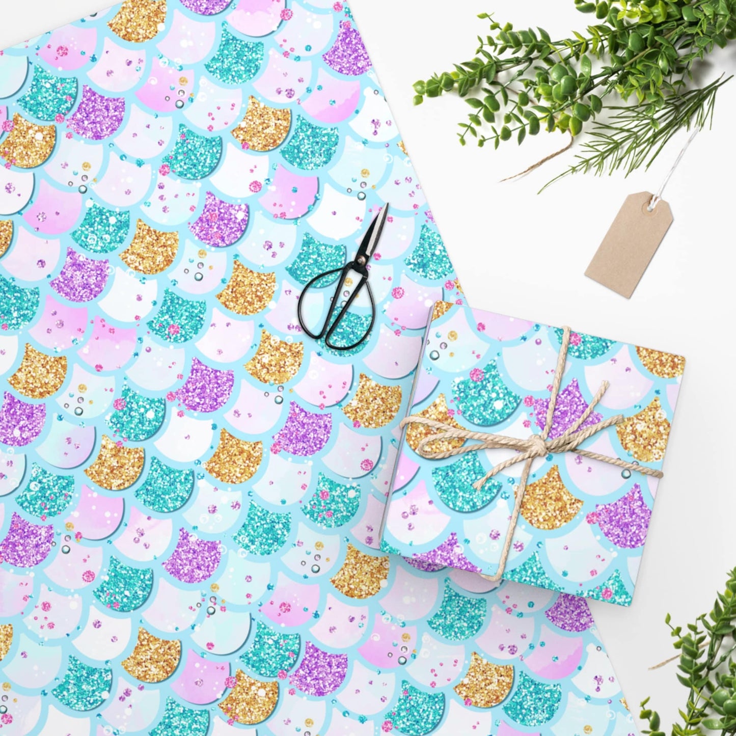 Mermaid Tail Birthday Gift Wrapping Paper, Pastel Blue Scales Pattern Paper, Baby Shower Wrap Paper, Mermaid Party Decor Christmas Gift Wrap