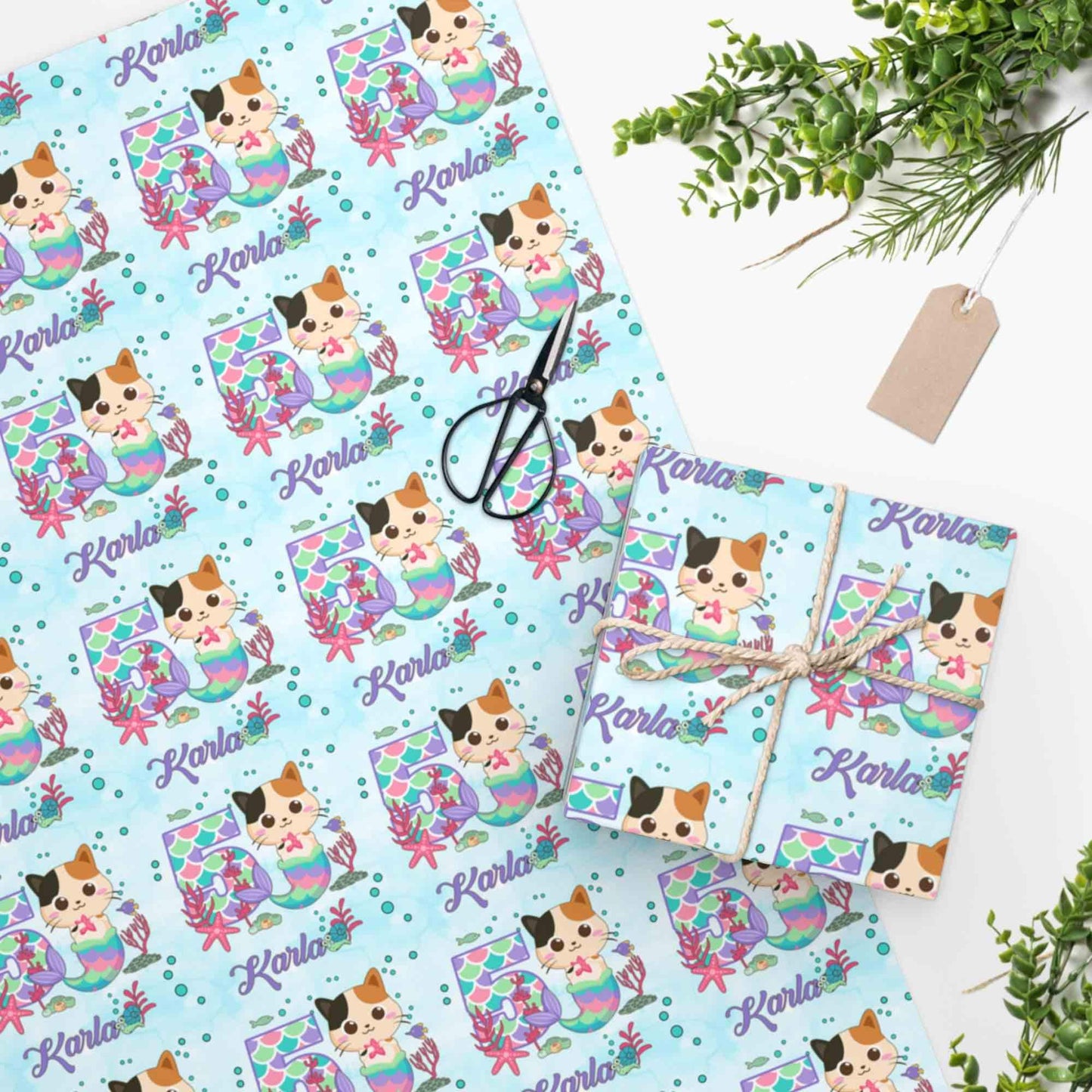 Personalized Meowmaid Gift Wrapping Paper Roll, Mermaid Cat Birthday Gift Wrap Paper, Christmas Wrapping, Baby Shower Name Wrapping Paper