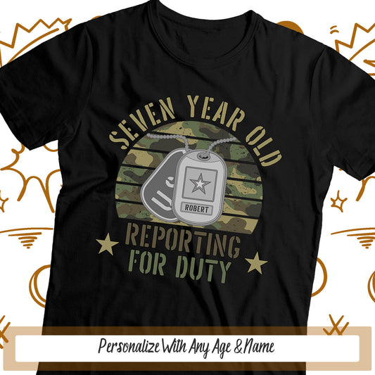 Personalized Military Birthday Party Shirt, Reporting For Duty Kids Birthday Shirt, Dog Tags Camouflage USA Soldier Patriotic Birthday Gift