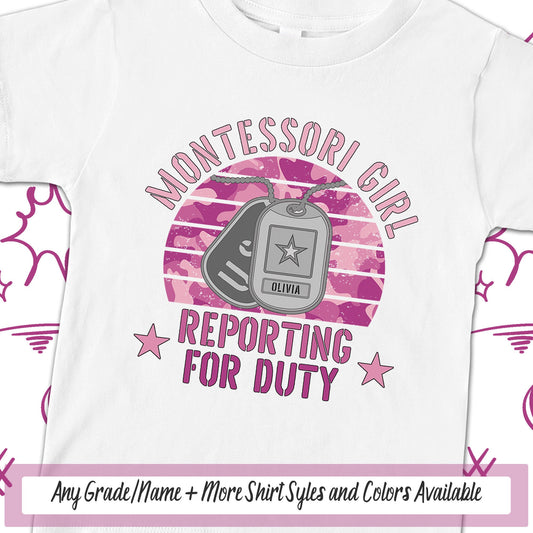 Montessori Kid School TShirt, Girls Personalized Reporting For Duty Military Kids First Day Of School, Dog Tags Soldier School Spirit PreK