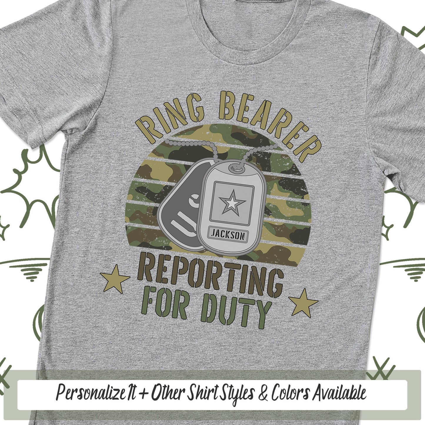 Ring Bearer Reporting For Duty Bridal Shirt, Bridal Party, Military Wedding Ring Bearer Gift, Ring Bearer Proposal, Dog Tags Camouflage Tee