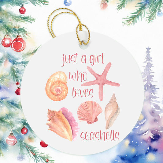 Just A Girl Who Loves Seashells Christmas Ornament, Lake Home Decor, Besties Ornament Wine Gift Bag Tag, Christmas Gift Tag, Holiday Present