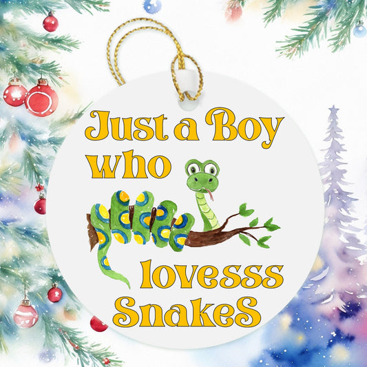 Just A Boy Who Loves Snakes Boy Christmas Ornament, Reptile Lover Kids Ornaments Boy Christmas Gift, Holiday Present Gift Tag, Boys Ornament
