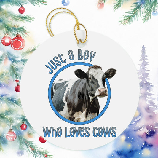 Just A Boy Who Loves Cows Farm Boy Christmas Ornament, Kids Ornaments Boy Christmas Gift, Holiday Present Gift Tag, Farmer Boys Ornament