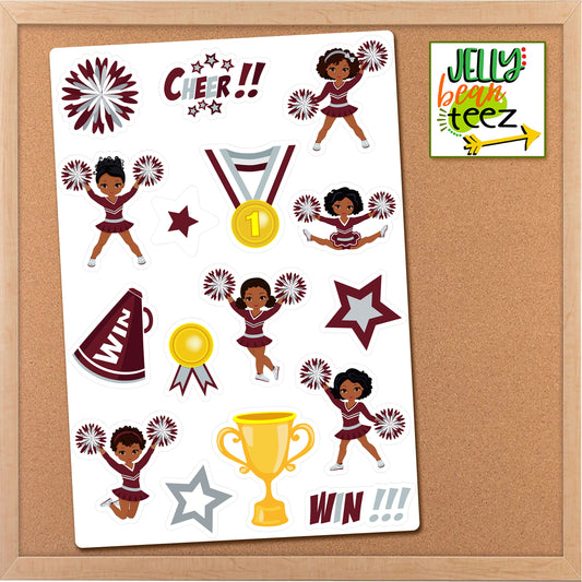 Maroon & Silver Black Girl Cheerleader Clipart Sticker Sheet, Afro Girl Sticker, Planner Sticker, Cheer Calendar Stickers, Journal Sticker