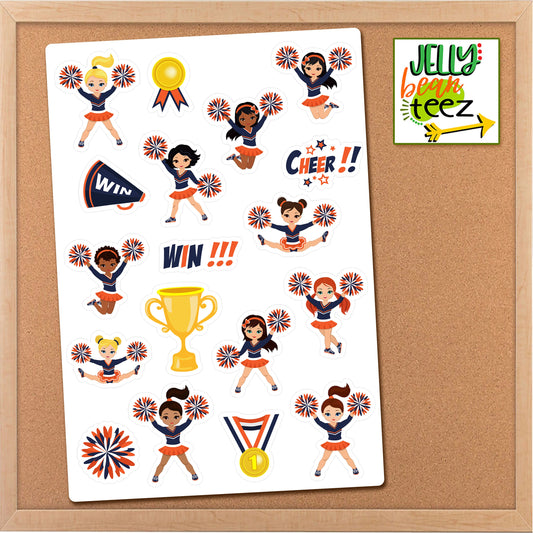 Orange & Navy Cheerleader Clipart Sticker Sheet, Multicultural Black Girl Sticker, Planner Sticker, Cheer Calendar Stickers, Journal Sticker