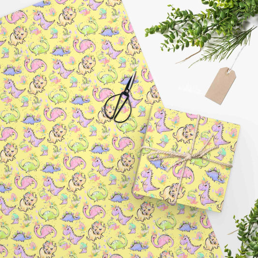 Yellow Dinosaur Pattern Gift Wrap Paper, Girl Dinosaur Print Love Gift, Dinosaur Art, Gift Wrapping Paper, Dinosaur Gifts, Baby Girl Gifts