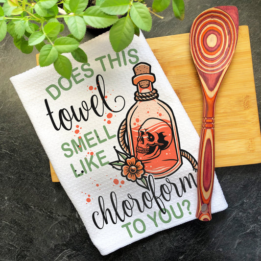 Does This Towel Smell Like Chloroform To You Halloween Tea Towel, Handmade Towel, Skull Potion Halloween Kitchen Towel Hand Towel Dish Towel