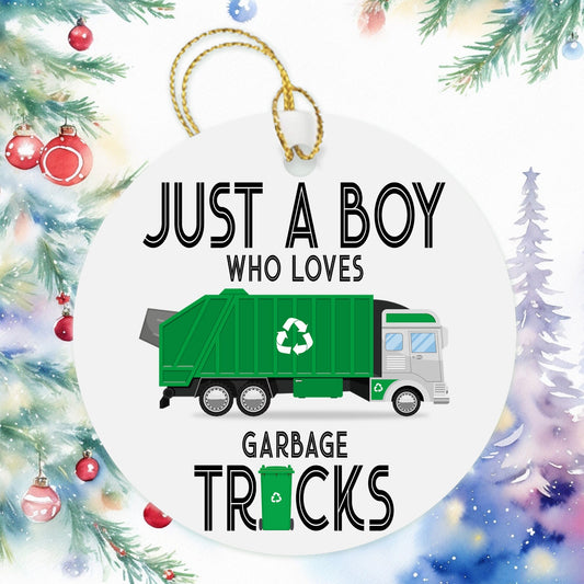 Just A Boy Who Loves Garbage Trucks Trash Boy Christmas Ornament, Kids Ornaments Boy Christmas Gift, Holiday Present Gift Tag, Boys Ornament
