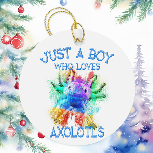 Just A Boy Who Loves Axolotls Boy Christmas Ornament, Kids Ornaments Boy Christmas Gift, Holiday Present Gift Tag Walking Fish Boys Ornament