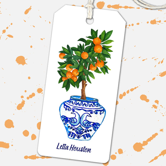 Personalized Gift Tags, Watercolor Orange Tree Delft Ginger Jar Thank You Tag, Wine Tag, Birthday Present Tag, Bridal Shower Tag Wedding Tag