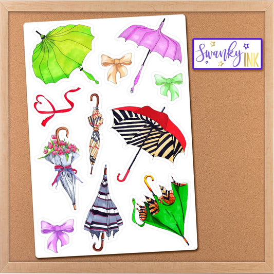 Bows & Umbrellas Planner Sticker Sheet, Deco Stickers, Cute Stickers For Journal, Fall Stickers, Laptop Sticker, Spring Rainy Day Stickers