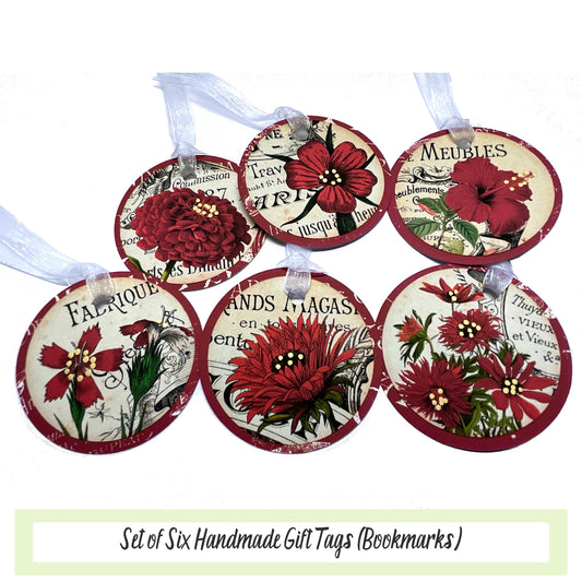 Red Floral Round Junk Journal Tags, Bridal Shower Thank You Tag, Vintage Paper French Ephemera Hostess Gift Idea, Birthday Gift Tag Bookmark