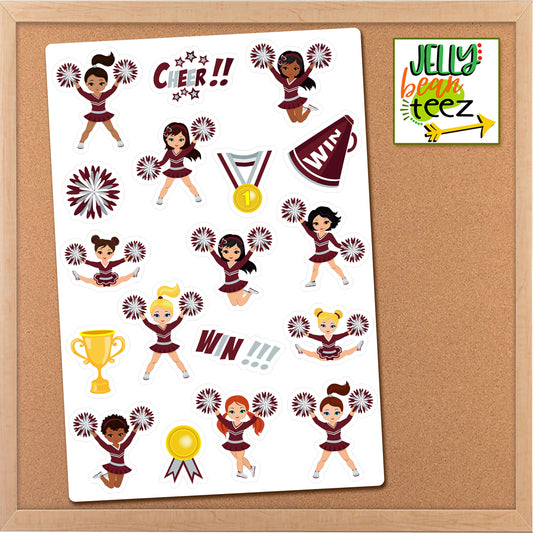 Maroon & Silver Cheerleader Clipart Sticker Sheet, Multicultural Latin Black Girl Planner Stickers, Cheer Calendar Stickers, Journal Sticker
