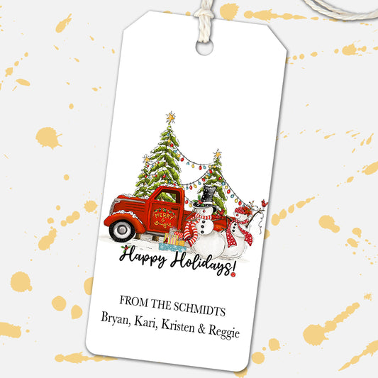 Old Truck Custom Gift Tag, Christmas Red Truck Snowman & Christmas Tree Xmas Gift Tree Stocking Tags, Holiday Gift Tags, Handmade Gift Tag