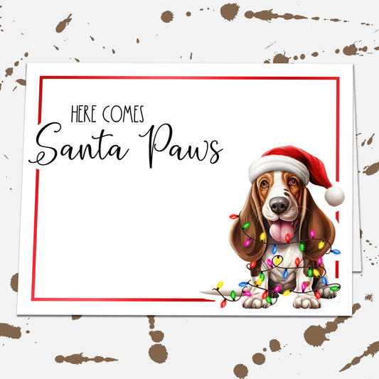 Here Comes Santa Paws Basset Hound Dog Christmas Card, Blank Card, Happy Holiday Cards Set, Christmas Stationery, Funny Dog Owner Xmas Card