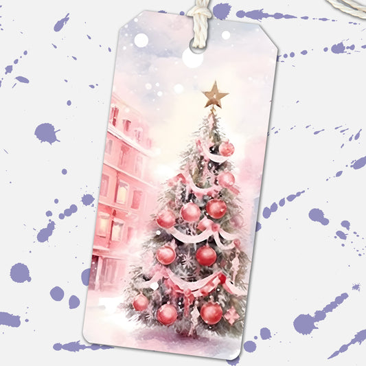 Watercolor Pink Christmas Tree Gift Tags, Christmas Present Tags, Stocking Tags, Holiday Gift Tags Hang Tags, Handmade Tags, Party Favor Tag