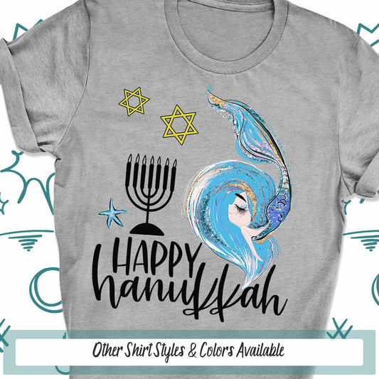 Mermaid Happy Hanukkah Tee, Hanukkah Menorah Spiritual Shirt, Faith Shirt, Religious Shirt Hanukkah Gift Idea, Mermaid Tail Holiday Shirt
