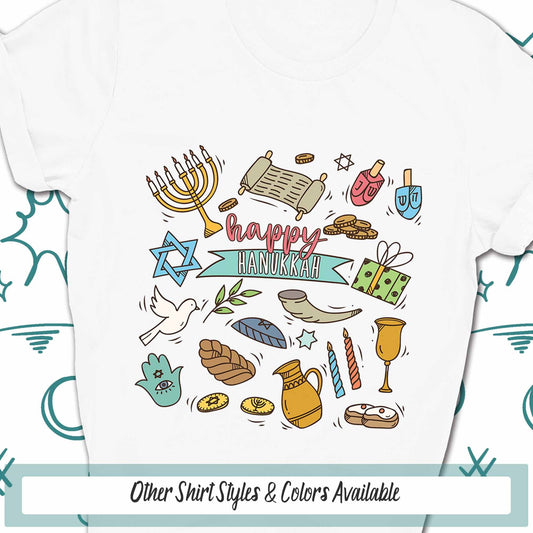Happy Hanukkah Tee, Hanukkah Menorah Spiritual Shirt, Faith Shirt, Religious Shirt Hanukkah Gift Idea, Hanukkah Art Doodles Holiday Shirt