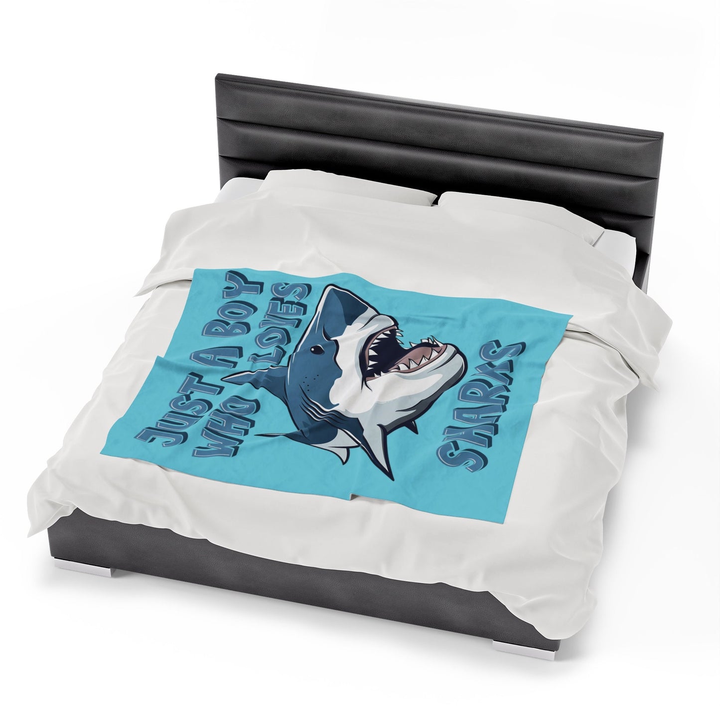 Just A Boy Who Loves Sharks Blanket, Plush Velveteen Throw Blanket, Shark Gift for Boy, Birthday Boy Gift, Ocean Lover Cozy Bed Blanket