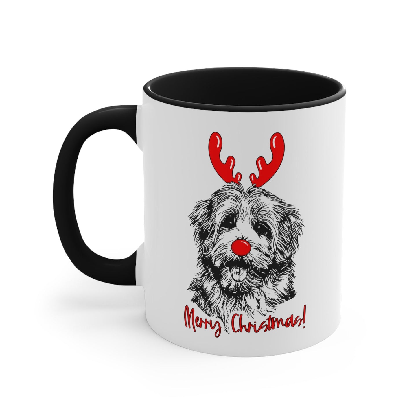 Merry Christmas Funny Antlers Red Nose Dog Coffee Mug, Dog Mom Cup, Dog Mom Gifts, Drawing Havanese Maltese Bichon Coton Tulear Bolognese