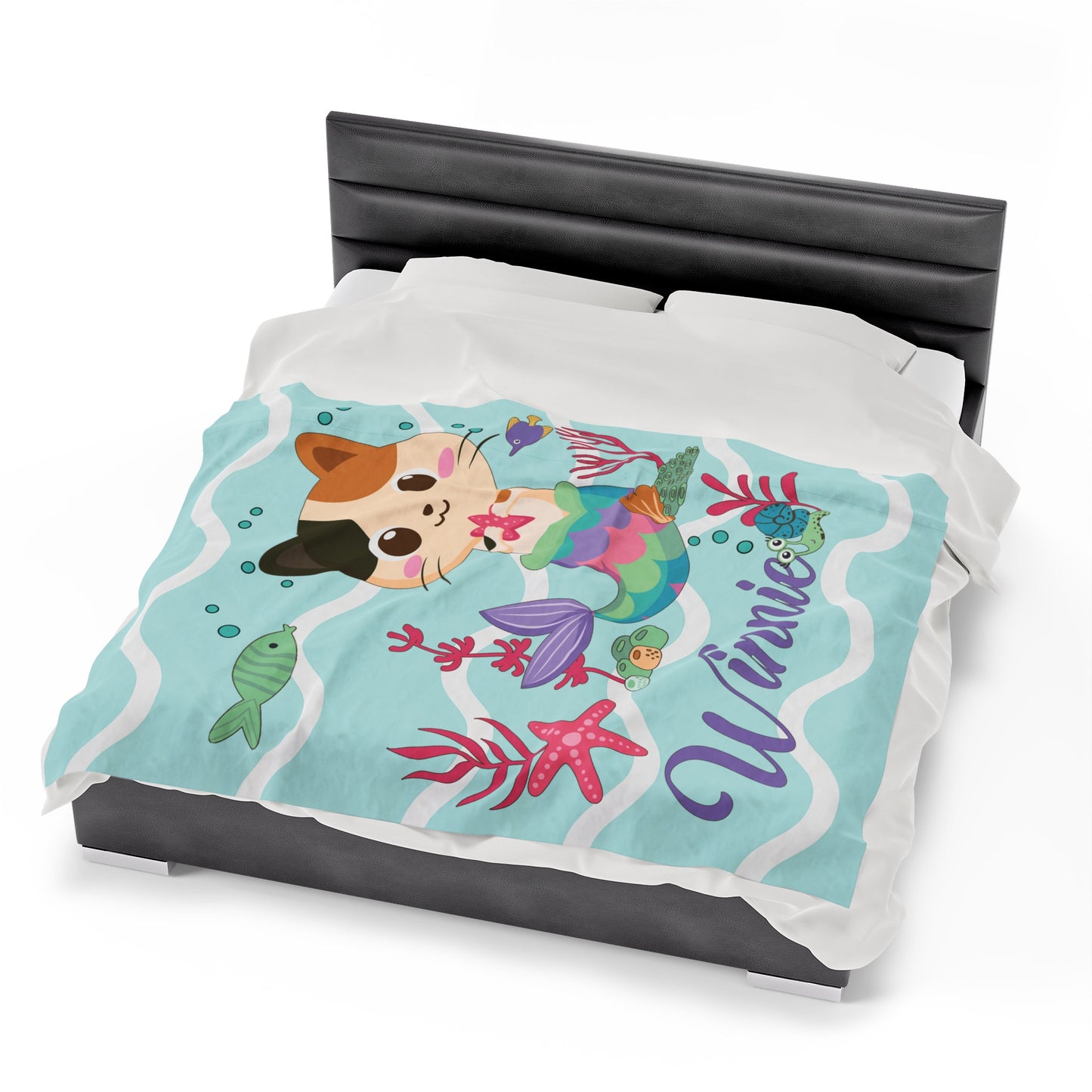 Personalized Meowmaid Blanket, Cat Mermaid Tail Plush Velveteen Throw Blanket, Comfy Blanket, Soft Stroller Blanket, Kid Name Blanket Girl
