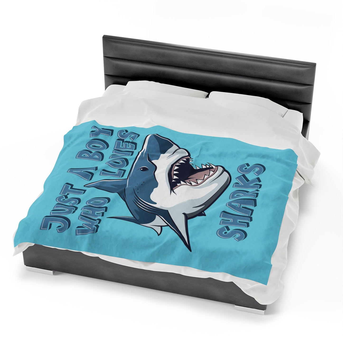 Just A Boy Who Loves Sharks Blanket, Plush Velveteen Throw Blanket, Shark Gift for Boy, Birthday Boy Gift, Ocean Lover Cozy Bed Blanket