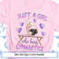 a pink shirt with a girl doing gymnastics on it