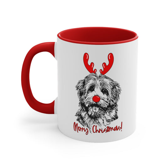 Merry Christmas Funny Antlers Red Nose Dog Coffee Mug, Dog Mom Cup, Dog Mom Gifts, Drawing Havanese Maltese Bichon Coton Tulear Bolognese