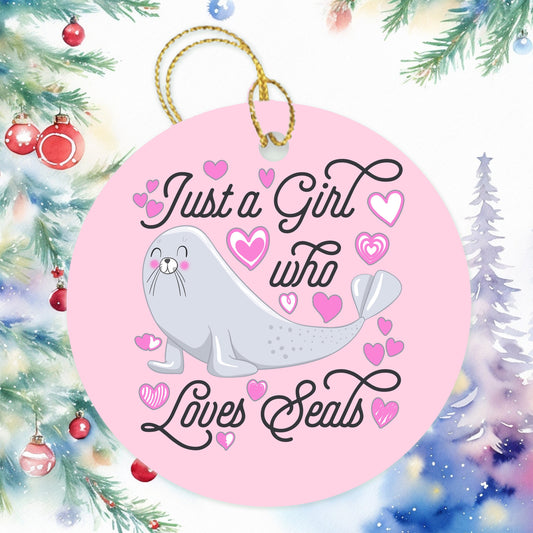 Just A Girl Who Loves Seals Christmas Ornament, Besties Ornament Wine Gift Bag Tag, Christmas Gift, Holiday Present, Arctic Animal Lover
