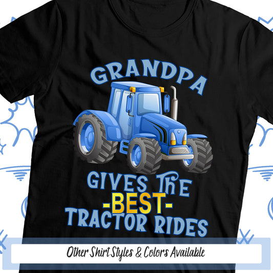 a black shirt with a blue tractor saying grandpa gives the best tractor rides