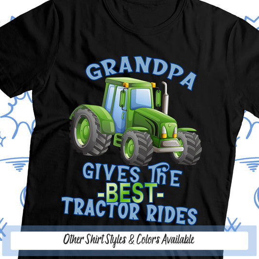 a black shirt with a green tractor and the words grandpa gives the best tractor rides