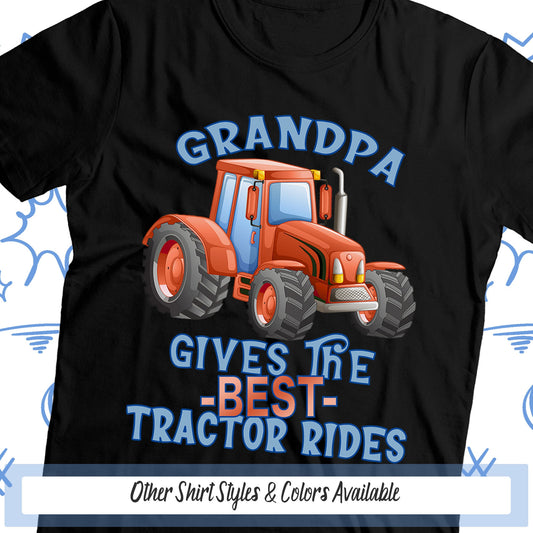 a black shirt with an orange tractor and the words grandpa gives the best tractor rides