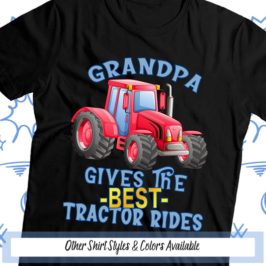 a black shirt with a red tractor and the words grandpa gives the best tractor rides