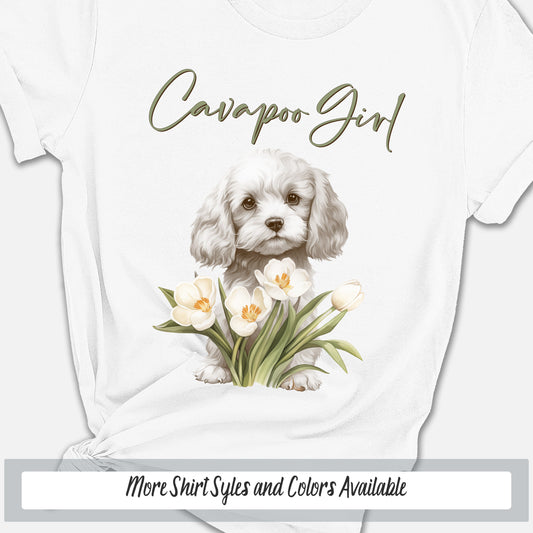 a white shirt with a picture of a dog and flowers