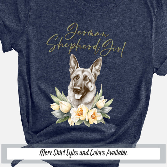 a german shepherd t - shirt with flowers on it