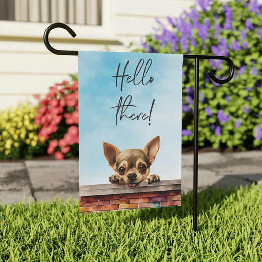 a picture of a dog is on a sign in the grass