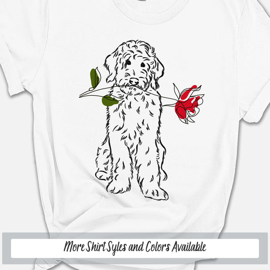 a white t - shirt with a dog holding a rose