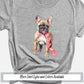 a gray shirt with a dog wearing a pink bow tie