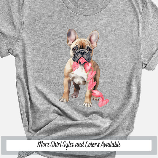 a gray shirt with a dog wearing a pink bow tie