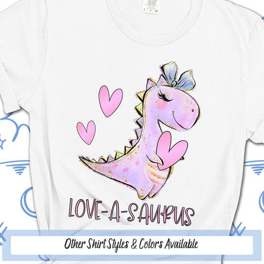 a white t - shirt with a pink dinosaur on it