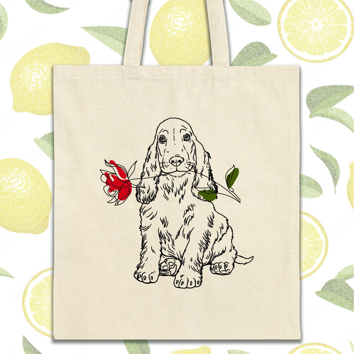 a tote bag with a drawing of a dog holding a rose