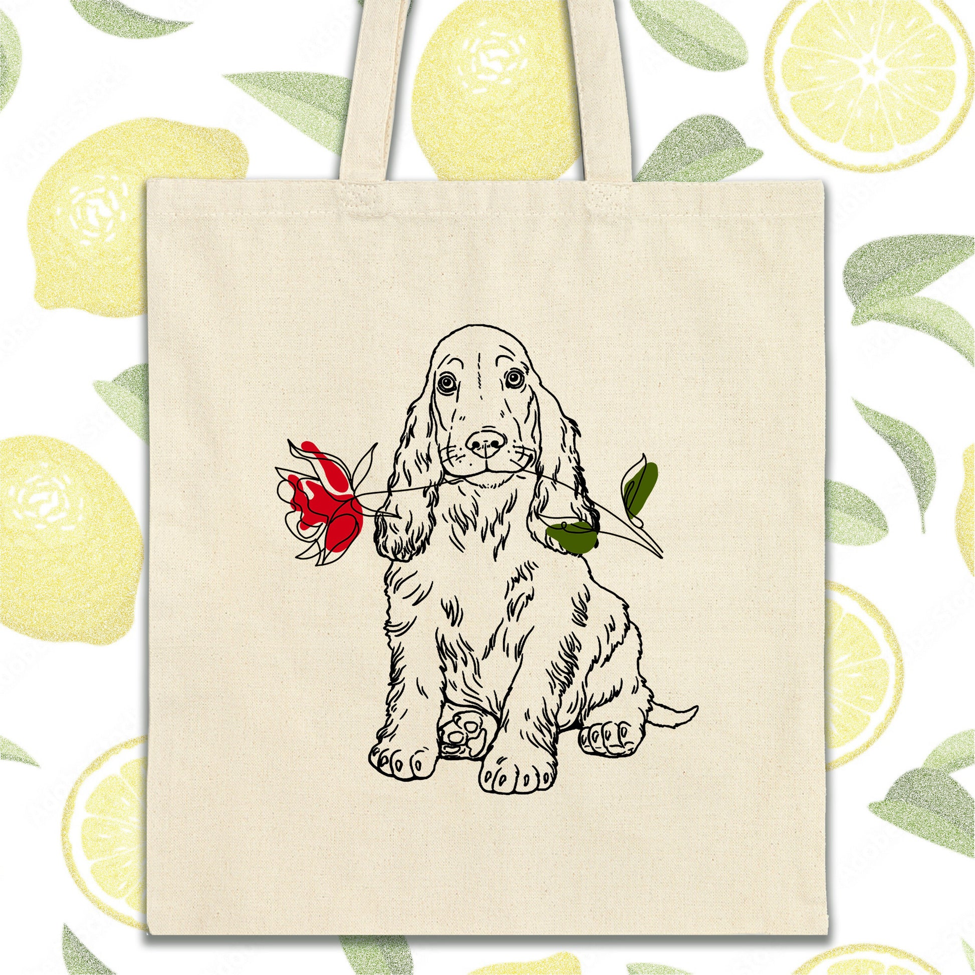 a tote bag with a drawing of a dog holding a rose