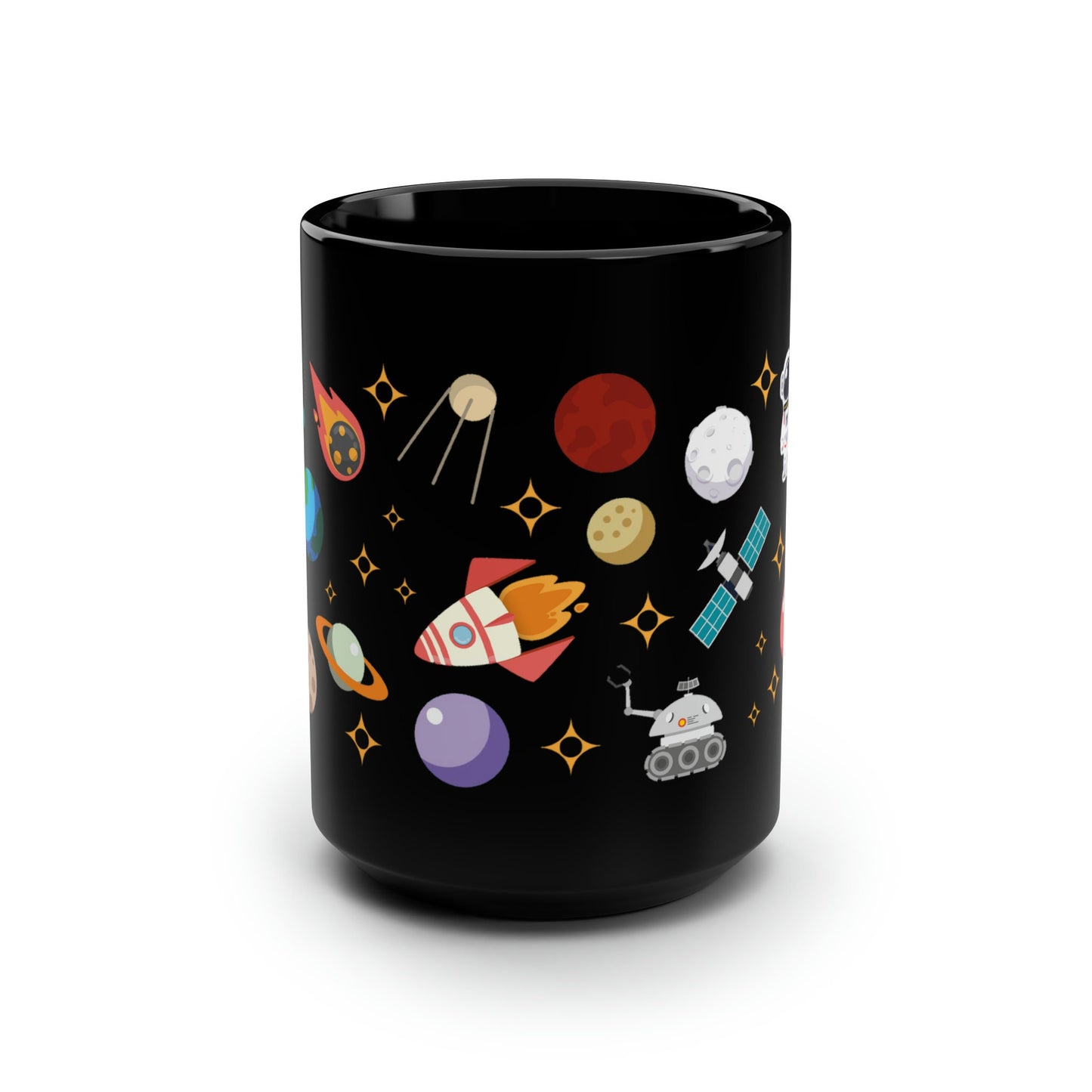 a black coffee mug with space and rockets on it