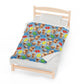 a bed with a dog pattern on it