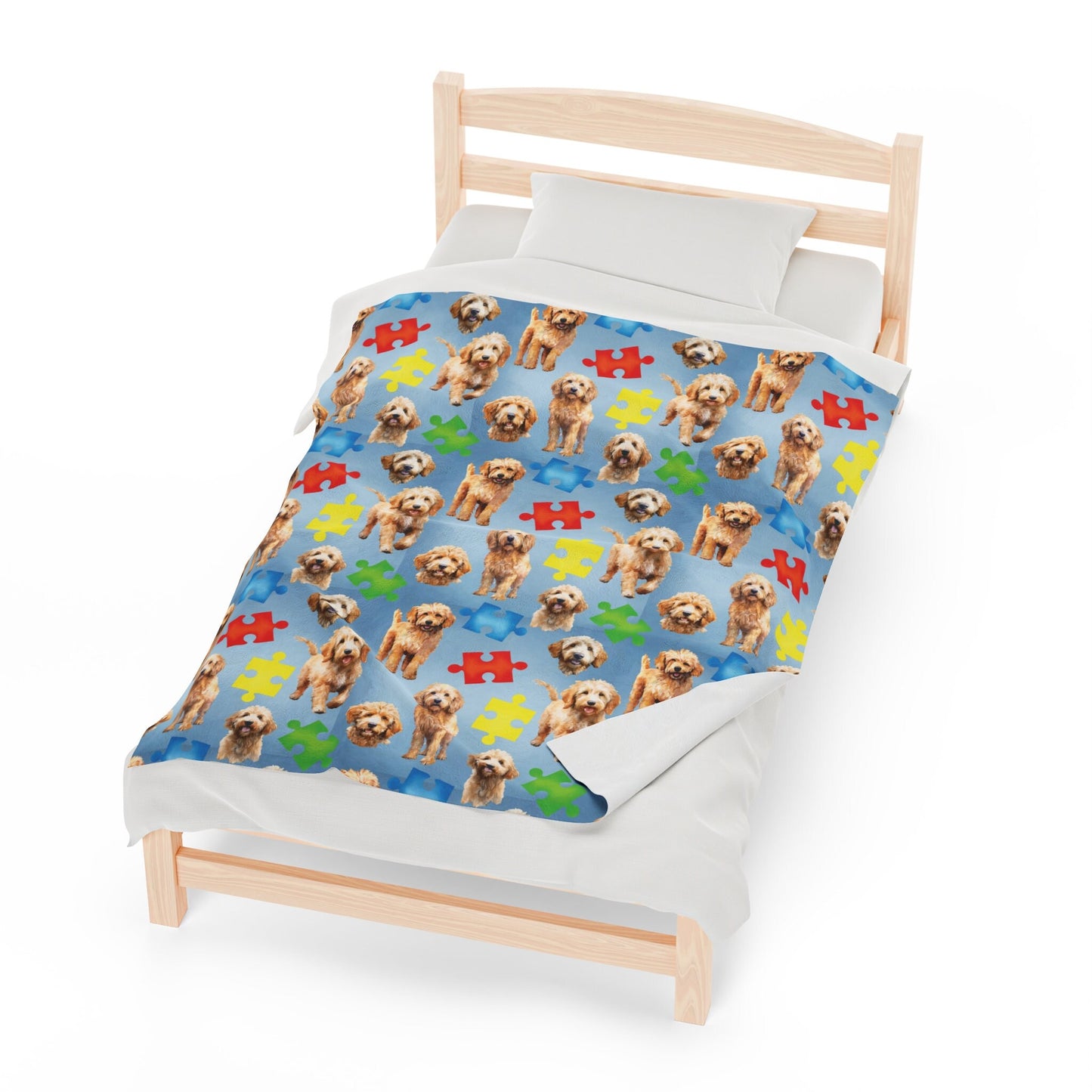 a bed with a dog pattern on it