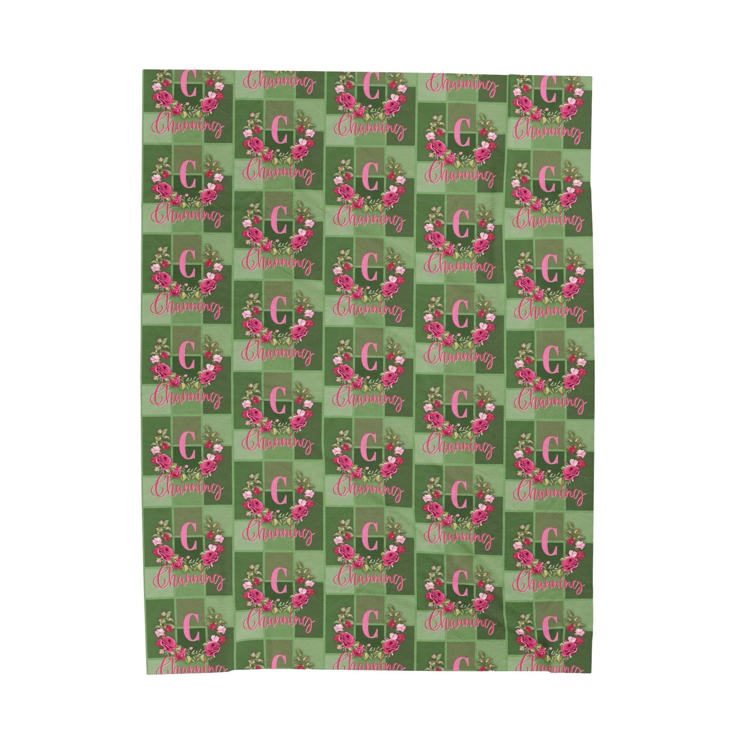 a green background with pink flowers on it