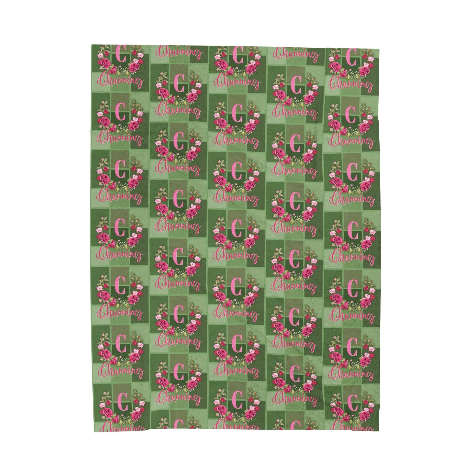 a green background with pink flowers on it