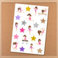a sticker sheet with a girl doing gymnastics